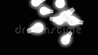 黑色背景下的三维飞行灯动画。 抽象CGI运动图形和飞行灯泡。 上升灯或灯泡